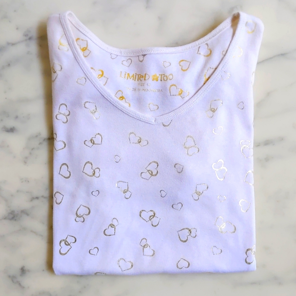 NWOT. Limited Too 100% Cotton Shorts Sleeve Tee with painted golden hearts.
